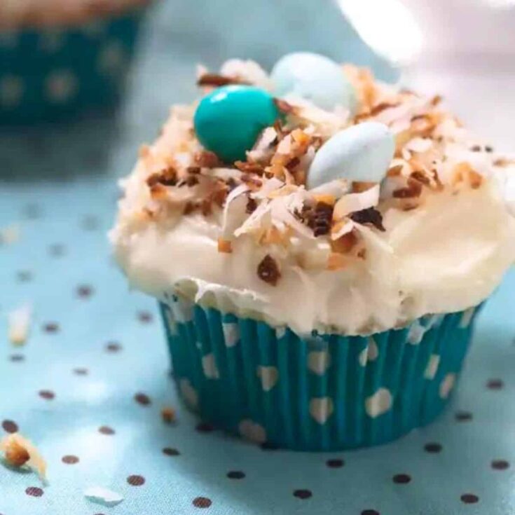 Coconut Easter cupcakes topped with little eggs