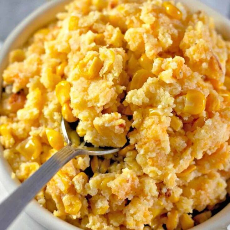 Crock pot corn casserole in a bowl