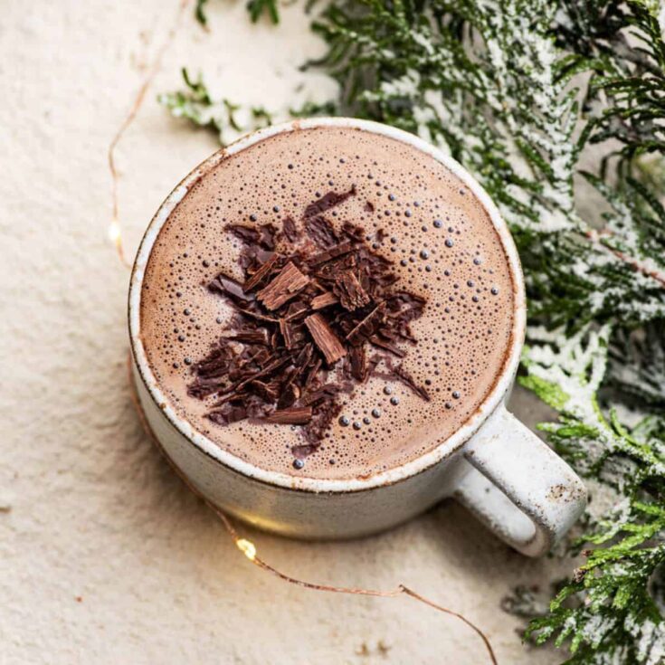 Deluxe dairy free hot chocolate topped with chocolate chunks
