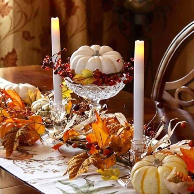 a fall table centerpiece made for Thanksgiving dinner