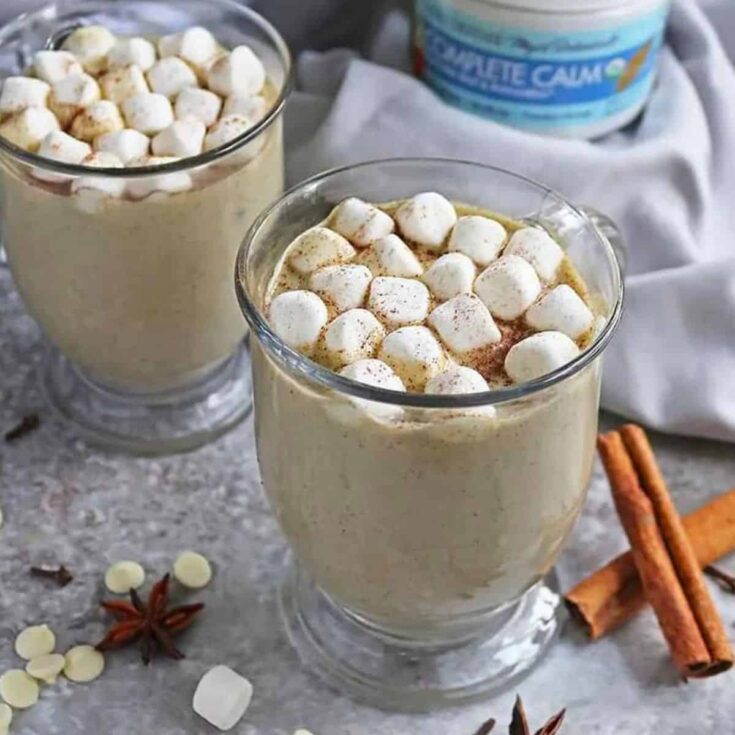 Easy spiced white hot chocolate topped with mini marshmallows