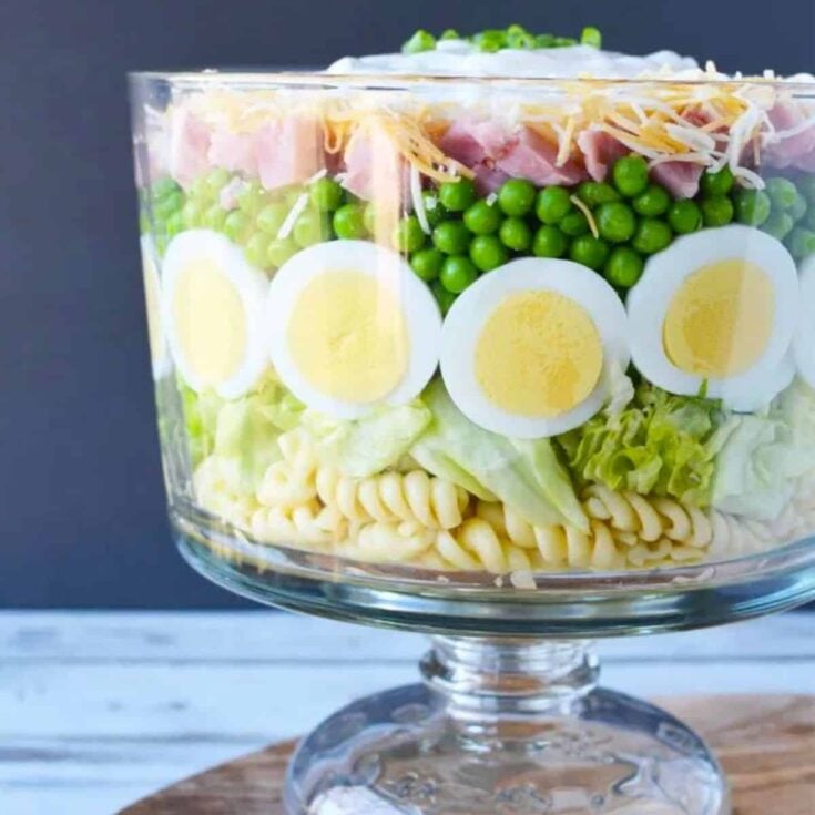 Grandma's 7 layer salad with chopped ham and peas