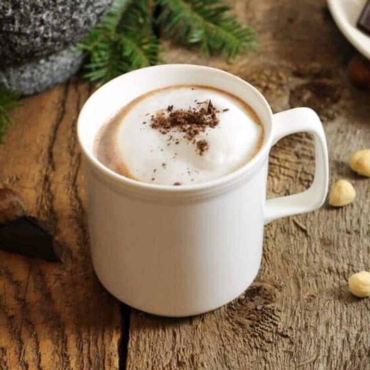 Homemade hazelnut vanilla hot chocolate in a mug