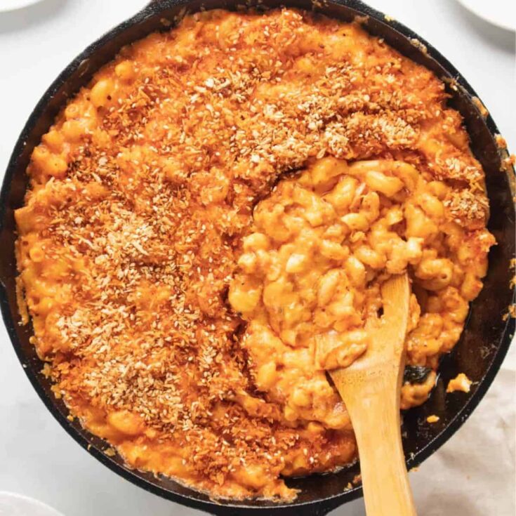 Kimchi mac and cheese in a pan