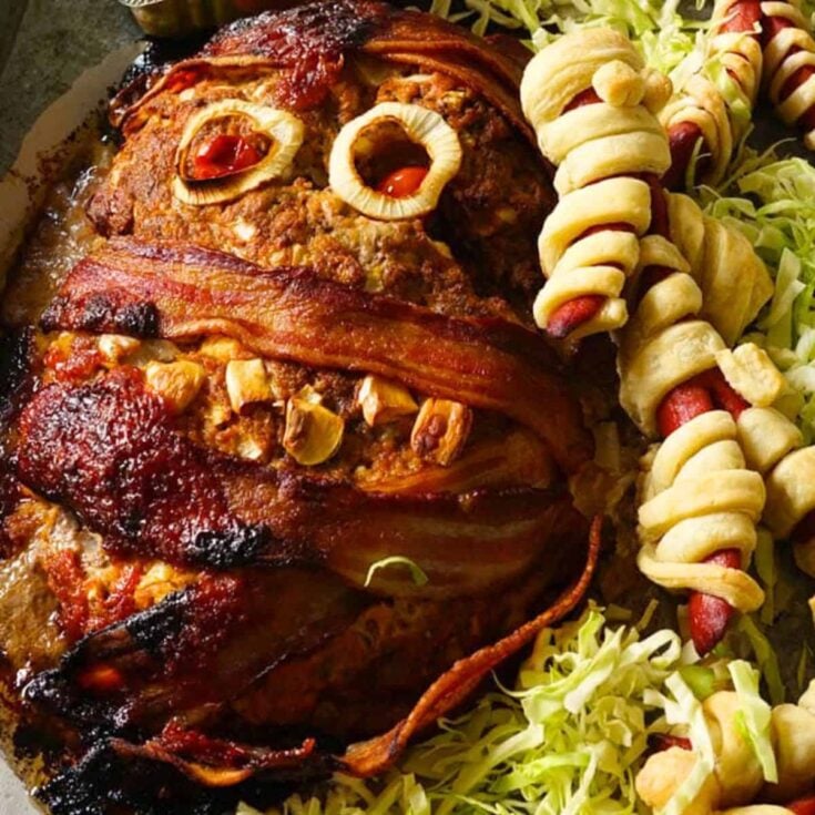 Mummy meatloaf and mummy hotdogs made after reading these Halloween dinner ideas
