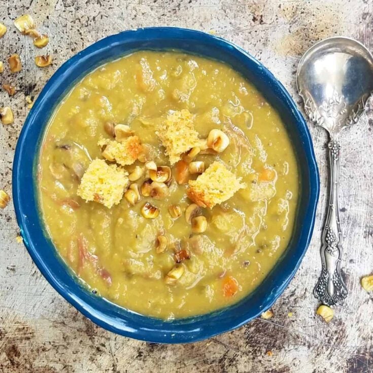 A bowl of old-fashioned ham bone split pea soup