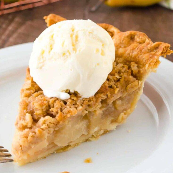 A slice of pear ginger crumble pie