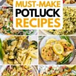 A collage of corn casserole, pesto pasta salad, spinach casserole, lemon chicken, baked ziti, ramen noodle, and baked sweet potatoes, with the text overlay 20 must-make potluck recipes