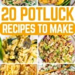 A collage of lemon chicken, corn casserole, ramen noodle salad, baked ziti, and baked sweet potatoes, with the text overlay 20 potluck recipes to make