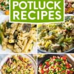 A collage of baked ziti, baked sweet potatoes, chicken macaroni salad, ramen noodles, and four bean salad, with the text overlay 20 must-make potluck recipes
