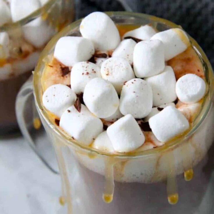 Salted caramel hot chocolate topped with marshmallows