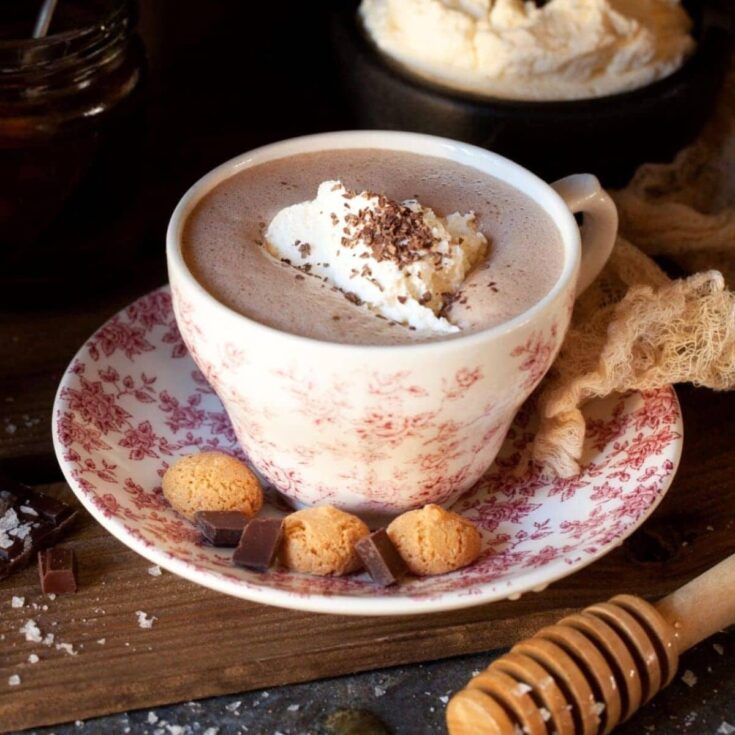 Salted honey hot chocolate in a cup
