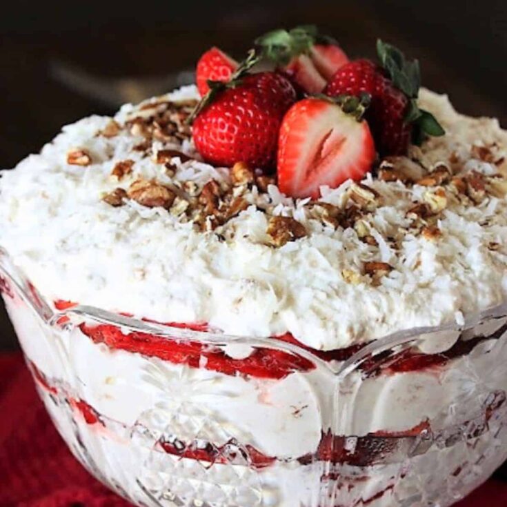 A big bowl of southern strawberry-coconut punch bowl cake trifle