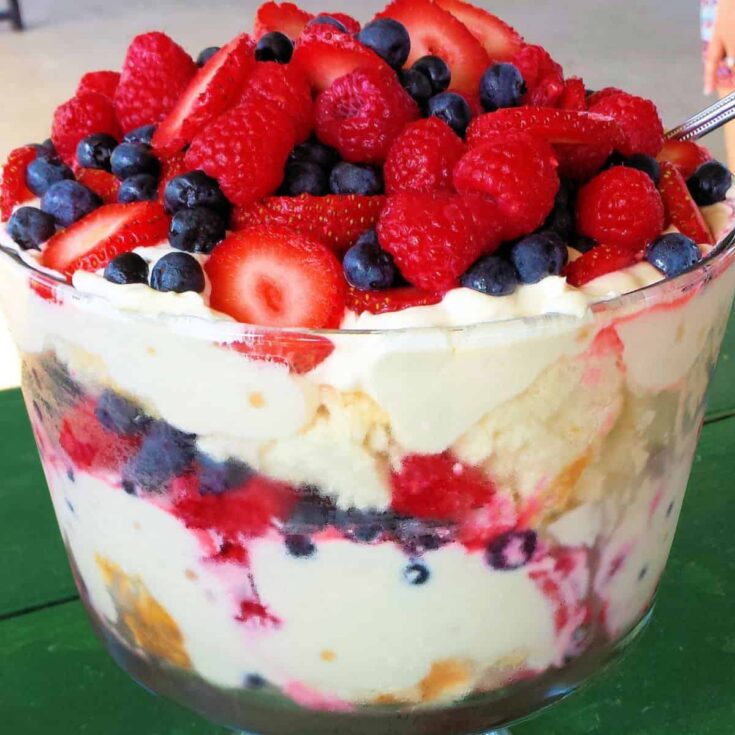 A big bowl of triple berry angel food trifle