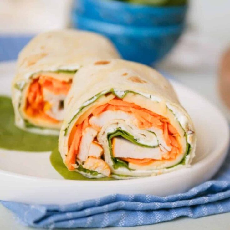 A plate of turkey and cheese pinwheel