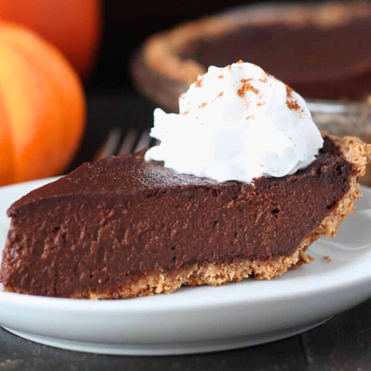 A slice of Vegan chocolate pumpkin pie