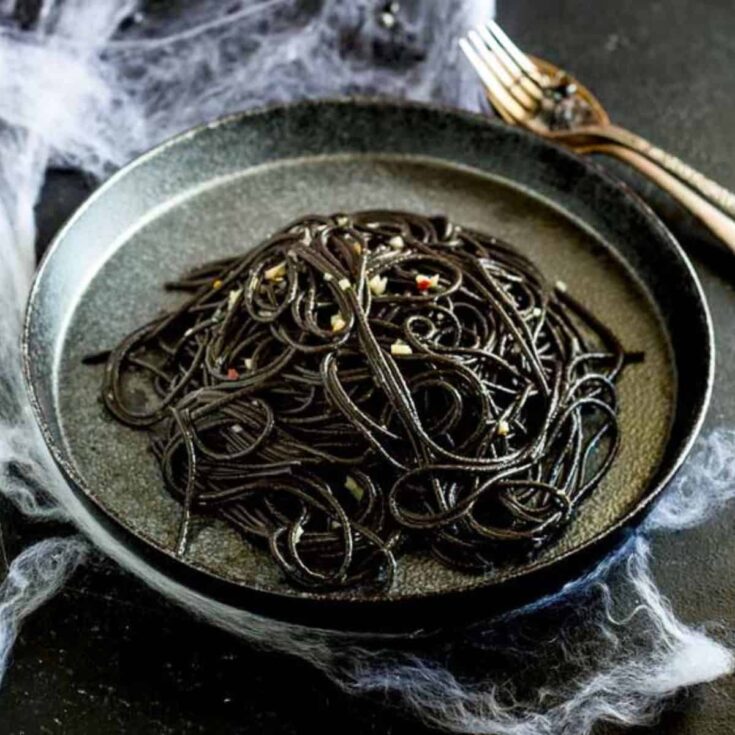Witches hair black pasta on a plate