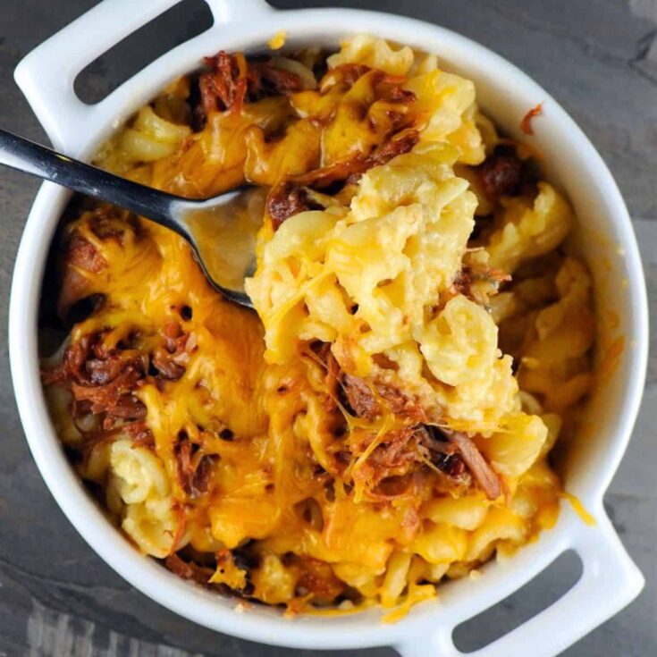 A small bowl of BBQ pulled pork macaroni and cheese