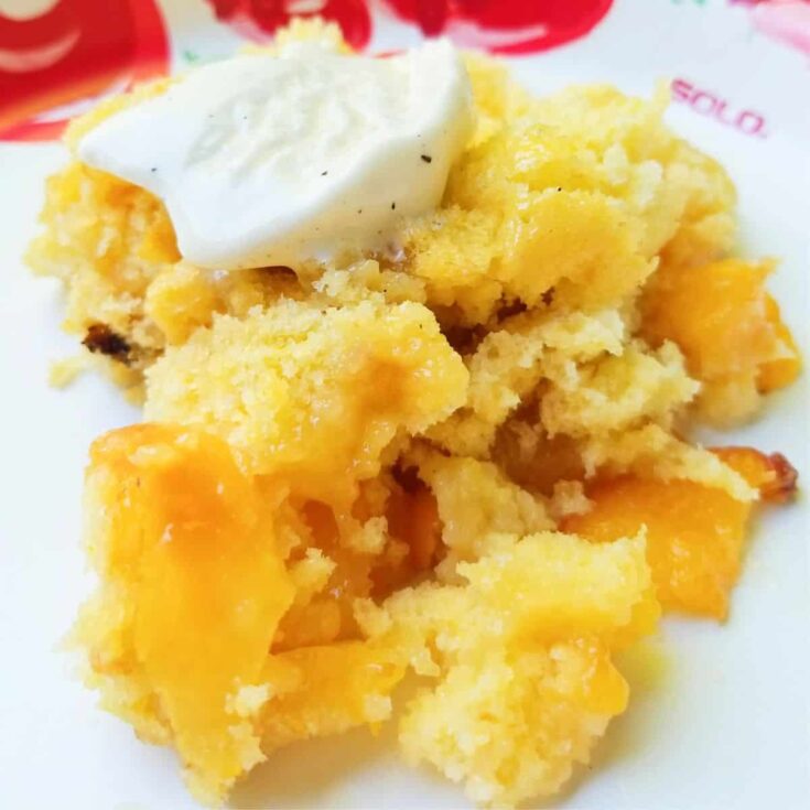 A plate of campfire whiskey peach cobbler dessert