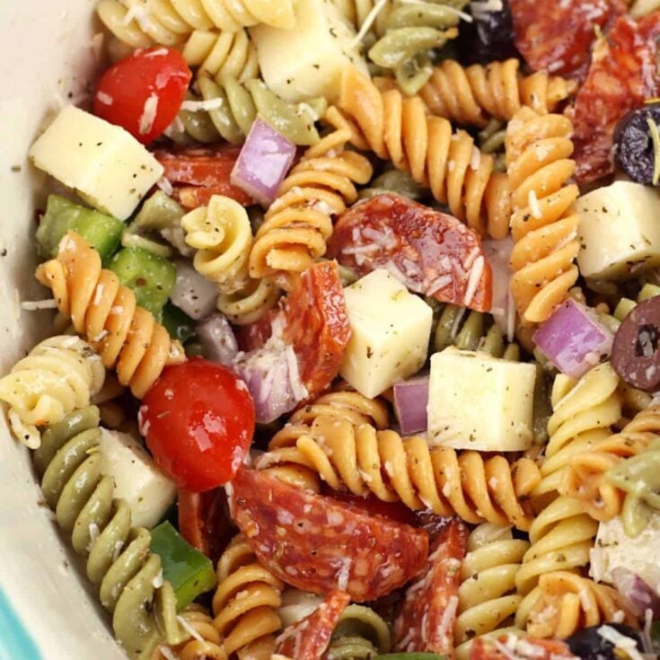 A bowl of classic pasta salad