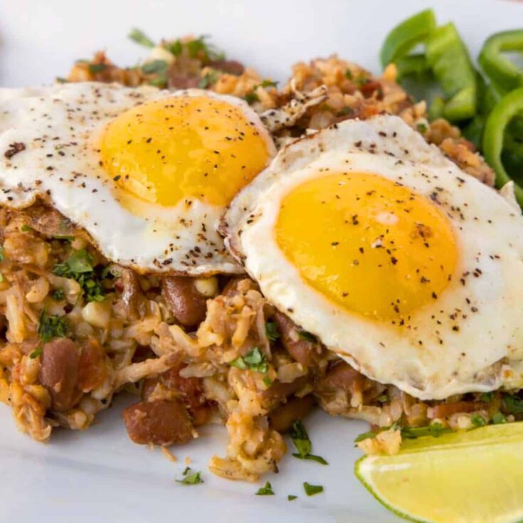 A plate of cowboy fried rice with leftover pulled pork