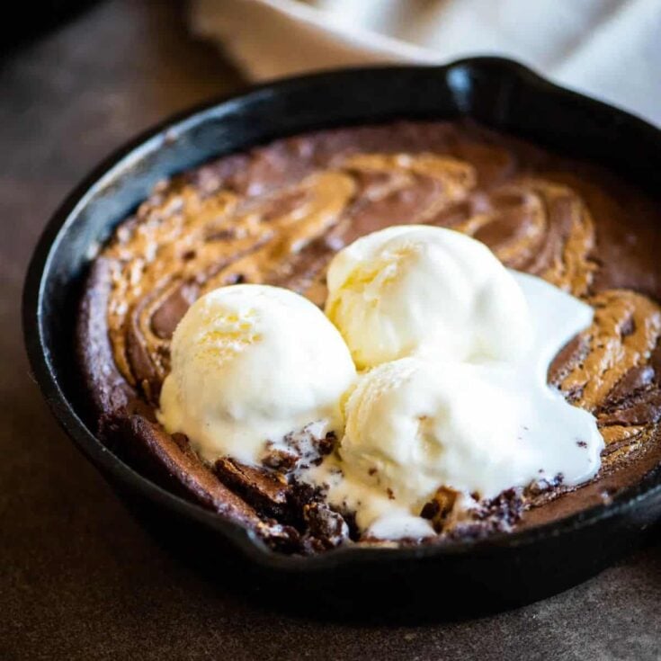 Double chocolate skillet brownie made after reading these Easy romantic desserts