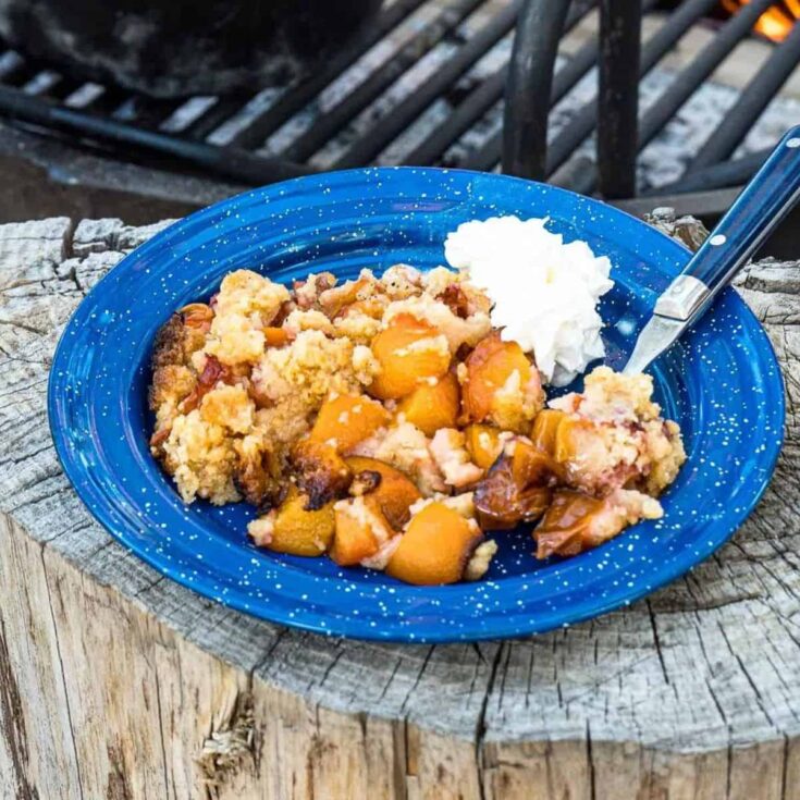 A plate of Dutch oven peach cobbler