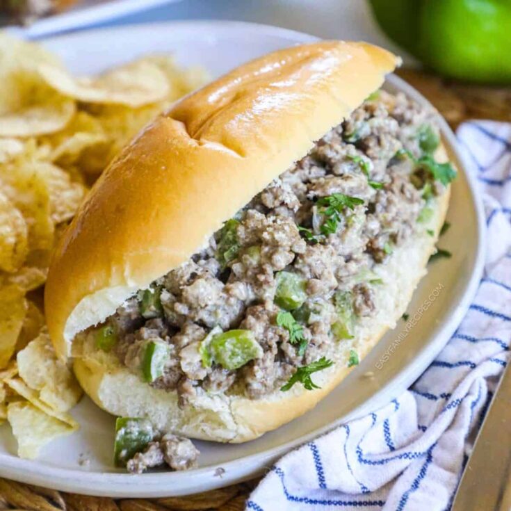 A plate of Easy Philly cheesesteak with ground beef sandwich