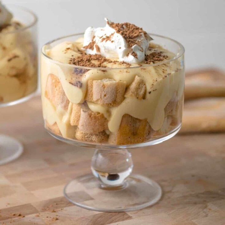Easy tiramisu trifle in a big glass container