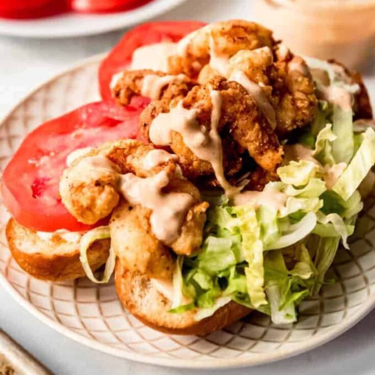 Fried Shrimp Po Boy sandwich on a plate