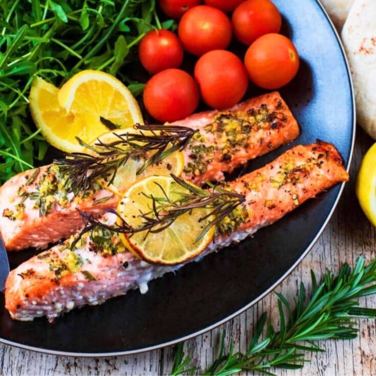 Lemon and rosemary salmon on a plate