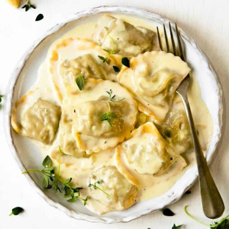 A plate of mushroom ravioli made after reading these Date night dinners