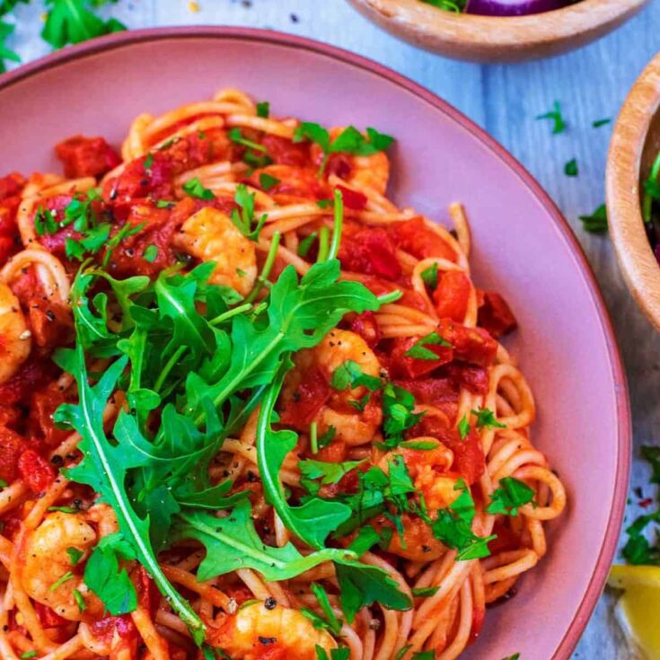 A plate of prawn and chorizo pasta