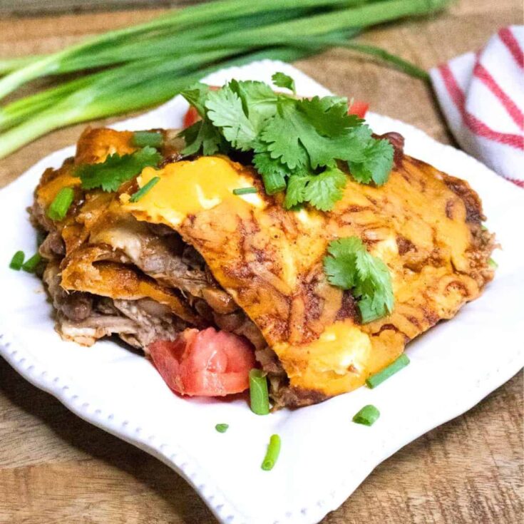 A plate of pulled pork enchiladas casserole