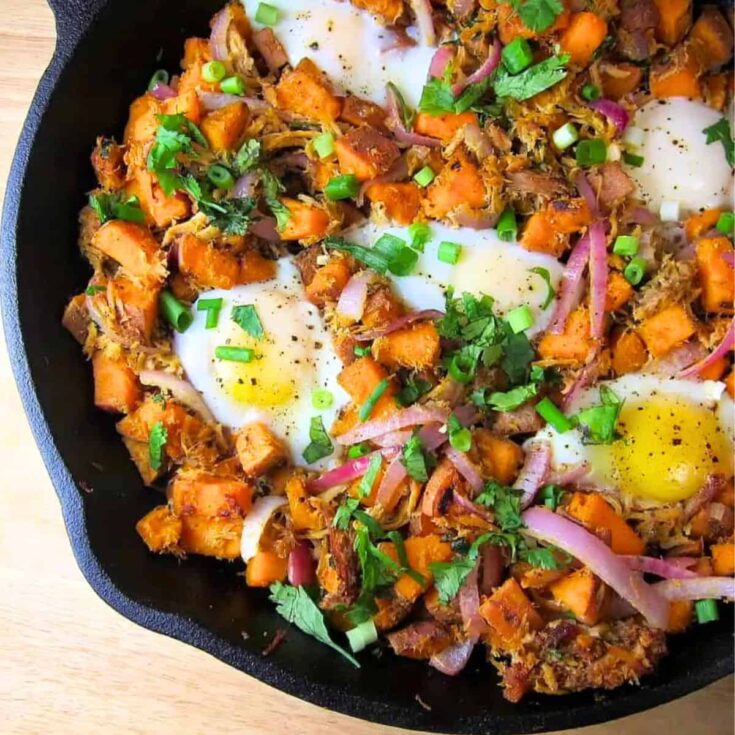 Sweet potato leftover pulled pork hash on a pan
