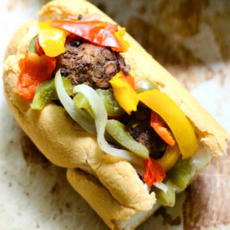 Vegan boardwalk sausage and peppers sandwich