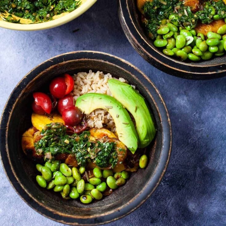 Three avocado plantain rice bowl