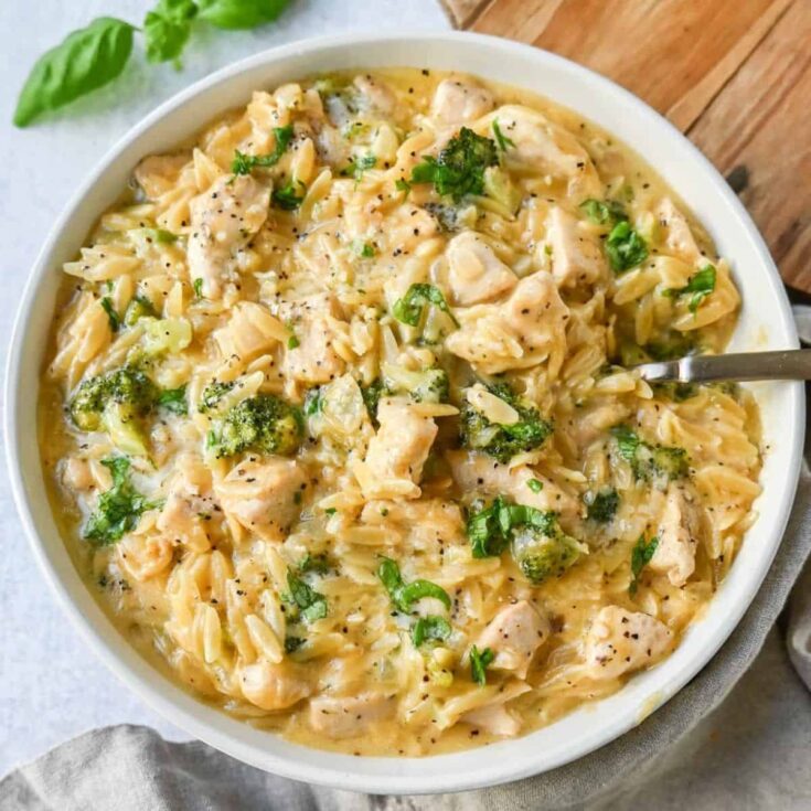 A bowl of cheesy chicken broccoli orzo