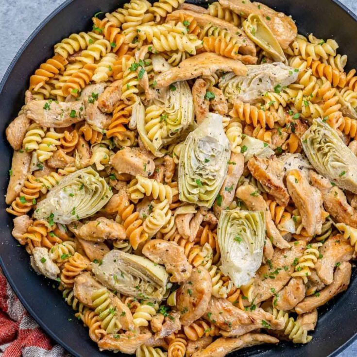 Chicken artichoke pasta on a pan