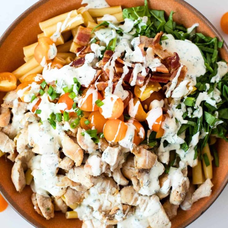 A plate of chicken bacon ranch pasta salad