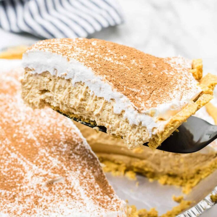 A slice of no bake peanut butter pie