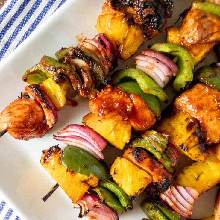 A plate of Hawaiian chicken pineapple kabobs