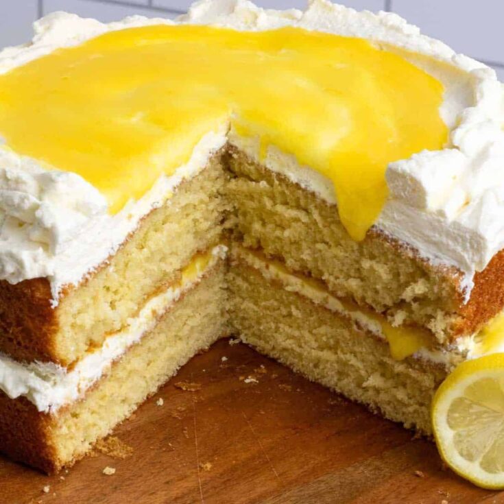 A slice of Limoncello mascarpone cake with lemon curd