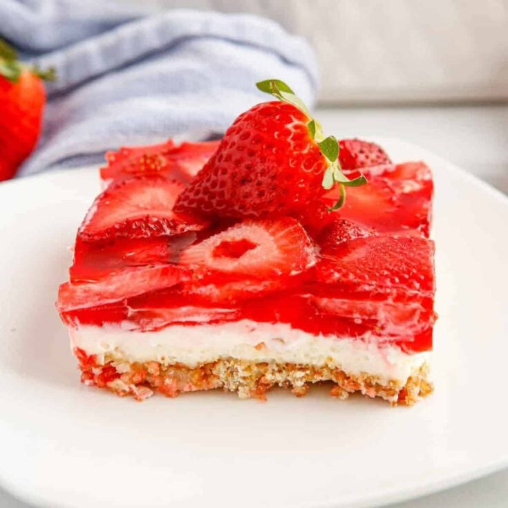 A plate of old-fashioned strawberry pretzel salad