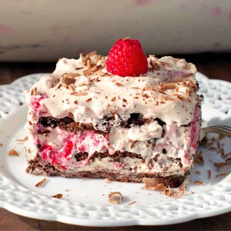 A slice of raspberry Dulce de Leche icebox cake