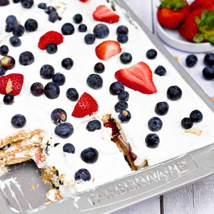 Red, white, and blue icebox cake in a tray