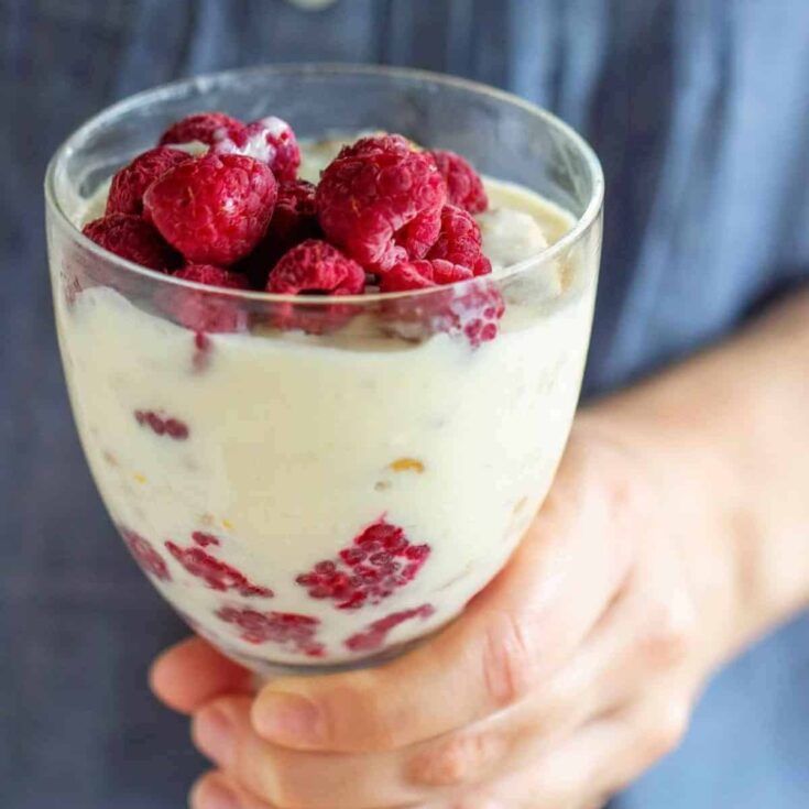Super easy no-bake lemon dessert topped with raspberries