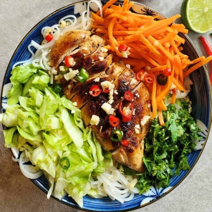 A plate of Vietnamese chicken vermicelli noodle salad