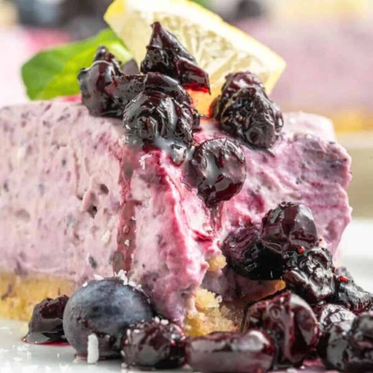 A slice of blueberry cheesecake