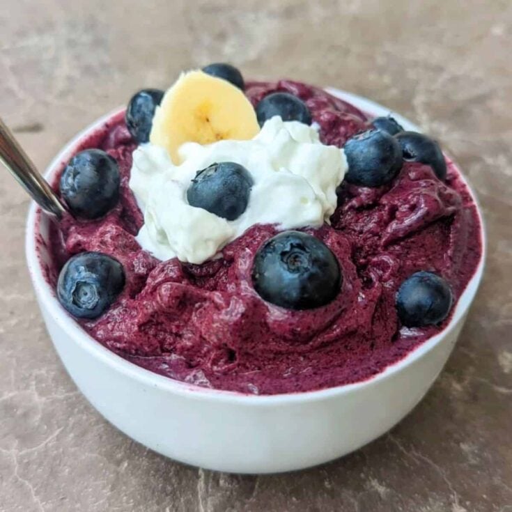 A bowl of blueberry protein ice cream